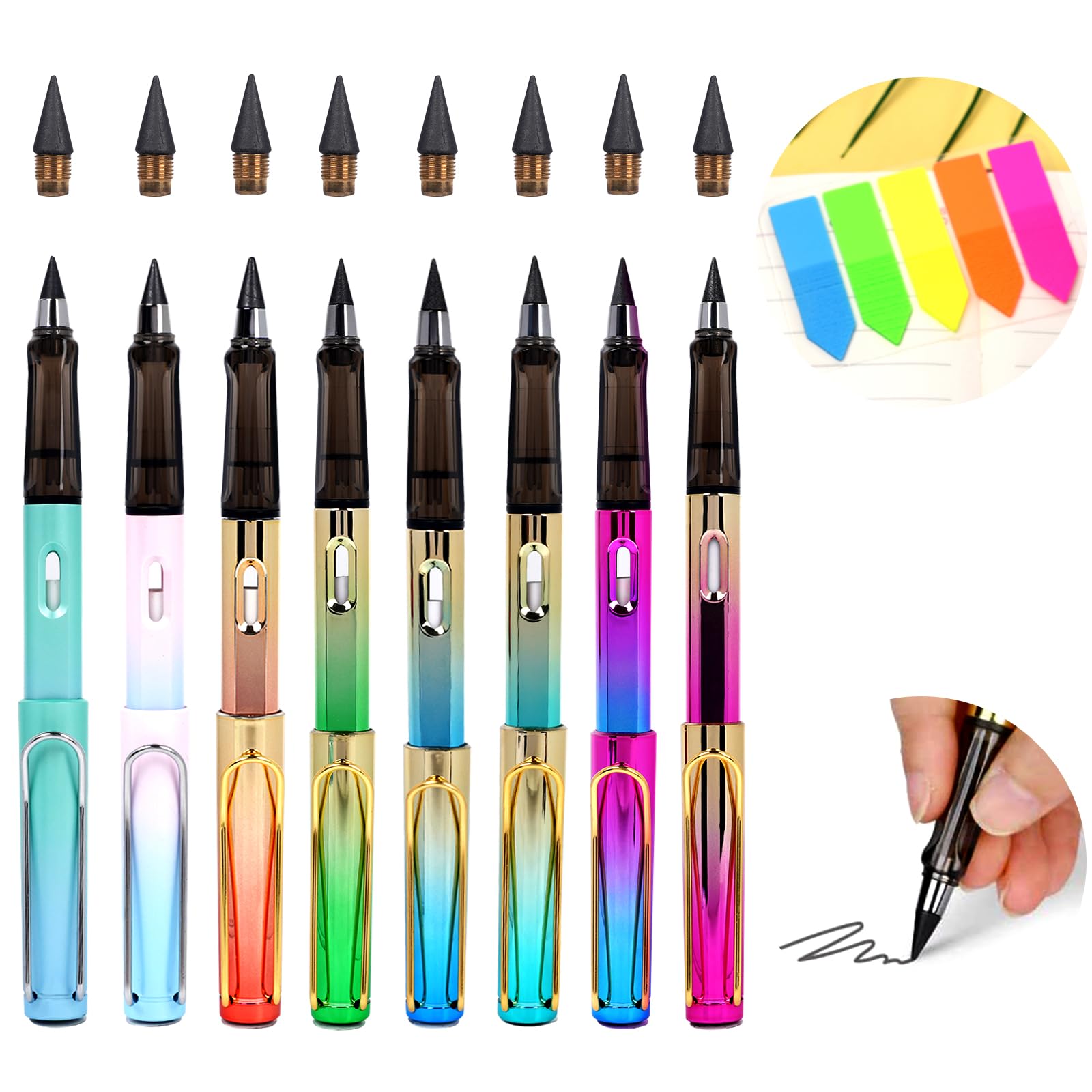 Jiexiato 8 Sets Of Infinite Inkless Pencils With Erasers, No Sharpening, Comes With 8 Spare Replacement Pen Heads, Cute School H